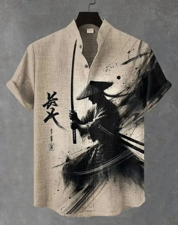 Men's summer short sleeved shirt, samurai cat shirt, casual short sleeved top, loose and fashionable hot selling retro shirt
