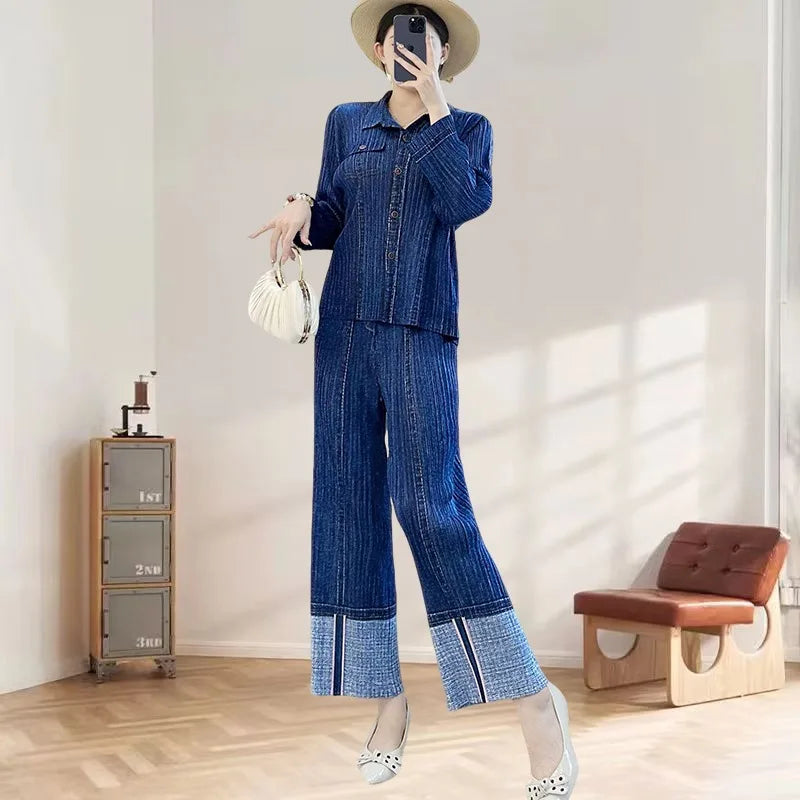Miyake Wrinkled Denim Color Pants Suit Fashion Personality Slim Shirt + Printed Straight Pants 2025 Autumn New Women Clothing