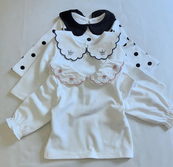T2698 Korean Style Spring Autumn New Polka Dot Embroidered Ruffle Collar Long Sleeve Girls' Polo Shirt Children's Clothing Top