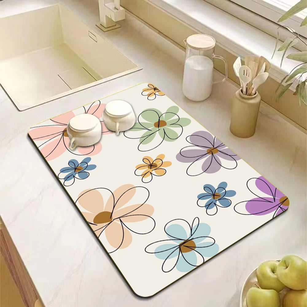 Drying Mat Modern Simple Floral Tableware Drying Carpet Kitchen Dish Bar Draining Mat Water Cup Dining Table Table No-Wash