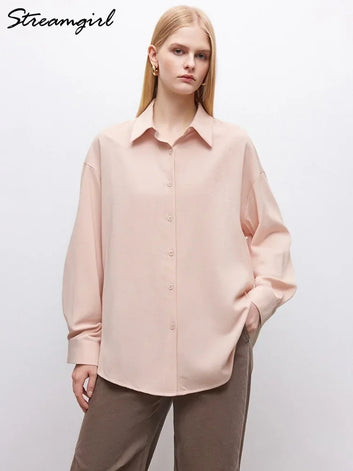 Streamgirl Women Shirts Long Sleeves White Autumn Casual Loose Shirt Female Blue Tops Oversized Shirts For Women Fall Clothes