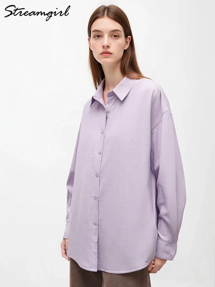 Streamgirl Women Shirts Long Sleeves White Autumn Casual Loose Shirt Female Blue Tops Oversized Shirts For Women Fall Clothes