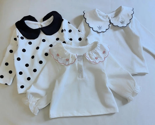 T2698 Korean Style Spring Autumn New Polka Dot Embroidered Ruffle Collar Long Sleeve Girls' Polo Shirt Children's Clothing Top