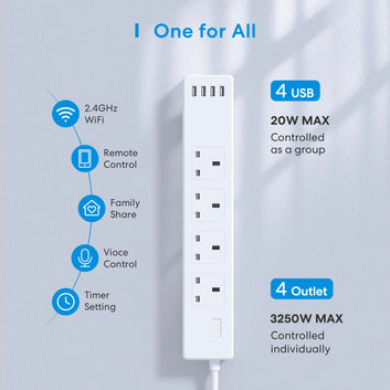 Meross HomeKit Smart Power Strip WiFi Socket Extension UK Outlet with 4 Sockets 4 USB Ports Work with Alexa Google SmartThings