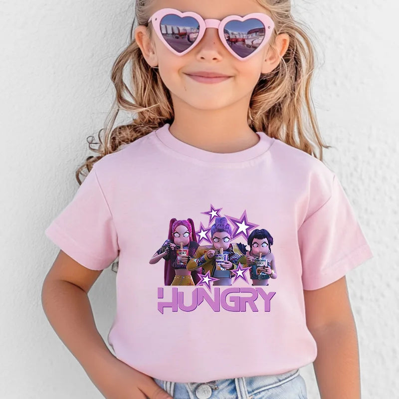 Kawaii K-POP Demon Hunters Kids T-shirt Girl Boy Clothes Children Clothing Fashion Tops Cotton Sweet Gift Short Sleeve Costumes