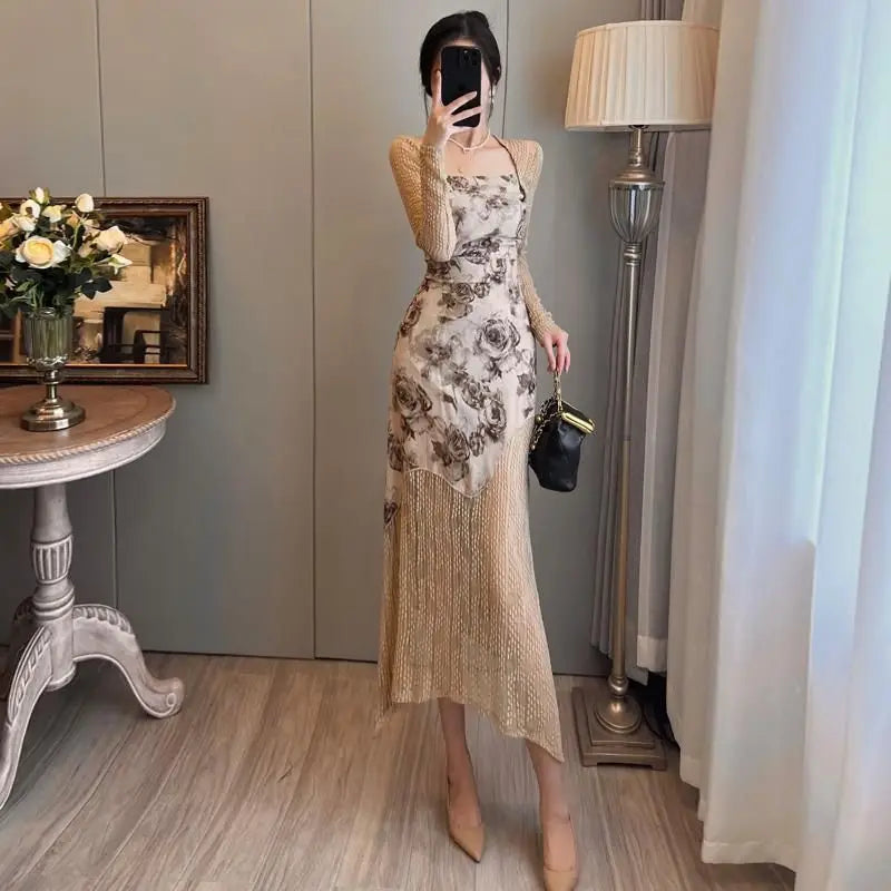 Woman Long Sleeve Dress Flower Kpop New in Clothes Hot Beach Retro Thic Korean Fashion A Line Y2k Floral Split Dresses for Women