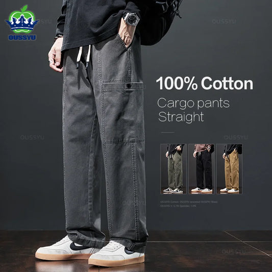 OUSSYU Brand Clothing Men's Cargo Pants 100%Cotton Solid Color Work Wear Straight Thick Casual Pant Korean Jogger Trousers Male