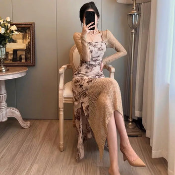 Woman Long Sleeve Dress Flower Kpop New in Clothes Hot Beach Retro Thic Korean Fashion A Line Y2k Floral Split Dresses for Women